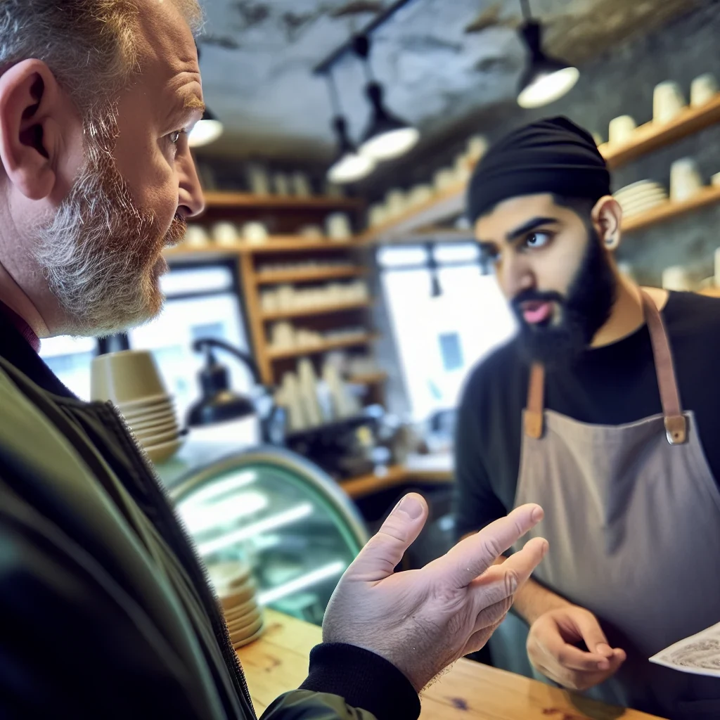 Barista discussing menu with customer inside coffee shop