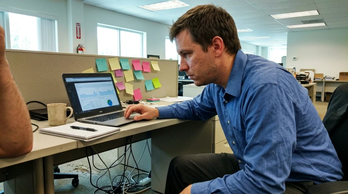 Office workspace with laptop and coffee mug