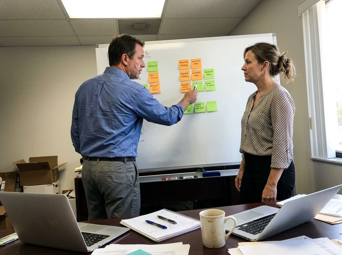 Professionals discussing content marketing strategy