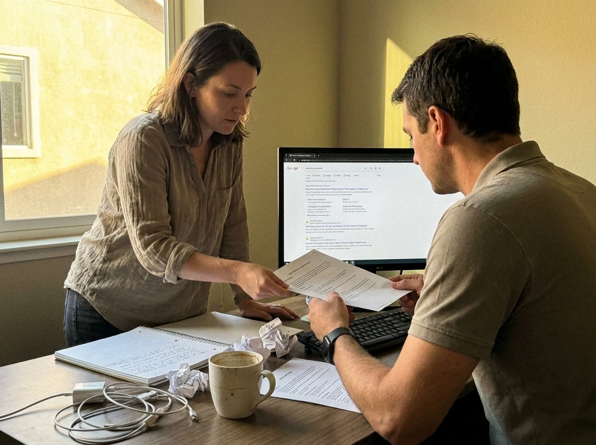 Colleagues discussing report at shared desk