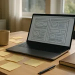 Bright workspace with laptop and notes
