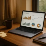 Cozy desk space with marketing data displayed