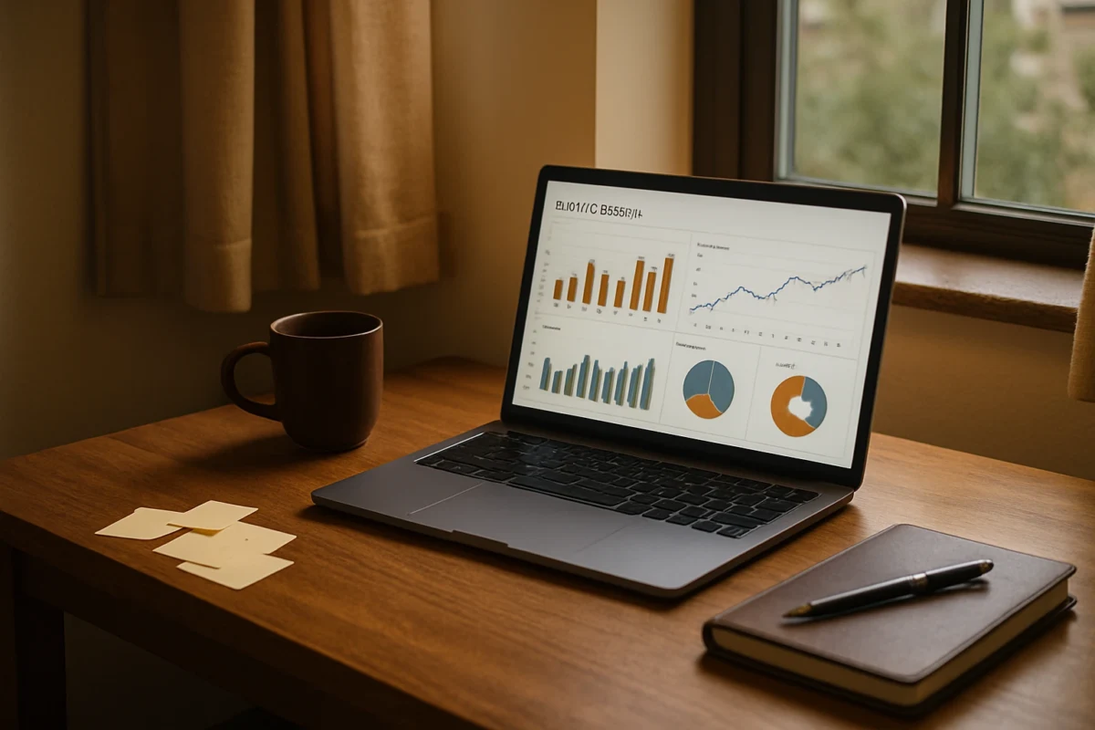 Cozy desk space with marketing data displayed