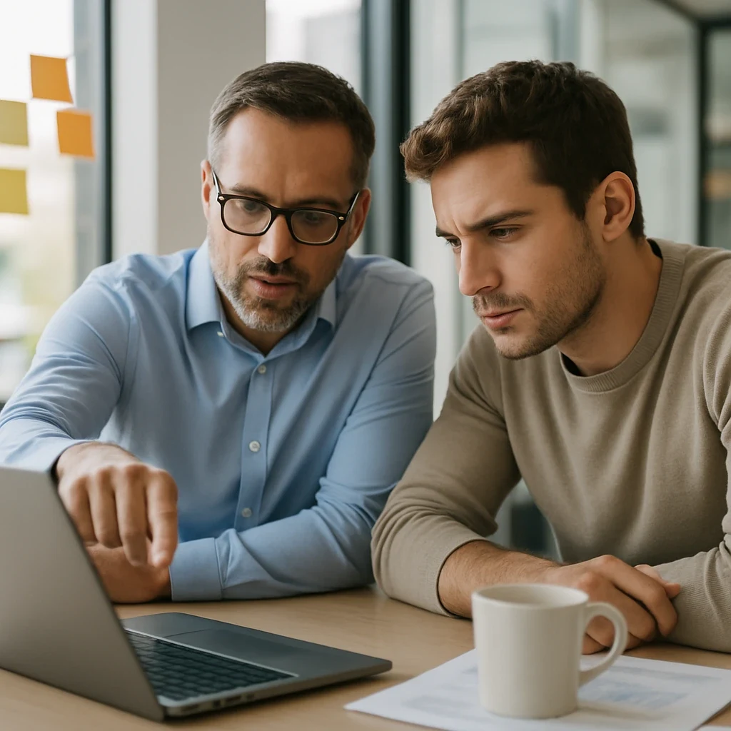 Two colleagues discussing PPC strategies at desk