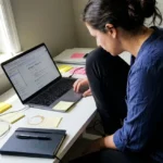 Cluttered desk with Google Business Profile