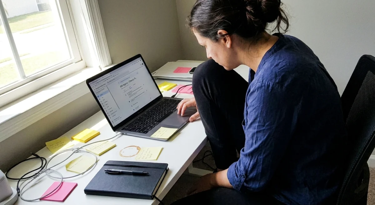 Cluttered desk with Google Business Profile