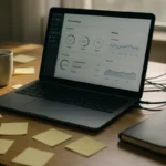 Desk with web hosting dashboard on laptop