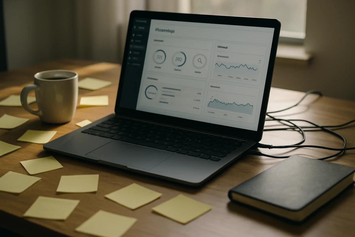 Desk with web hosting dashboard on laptop
