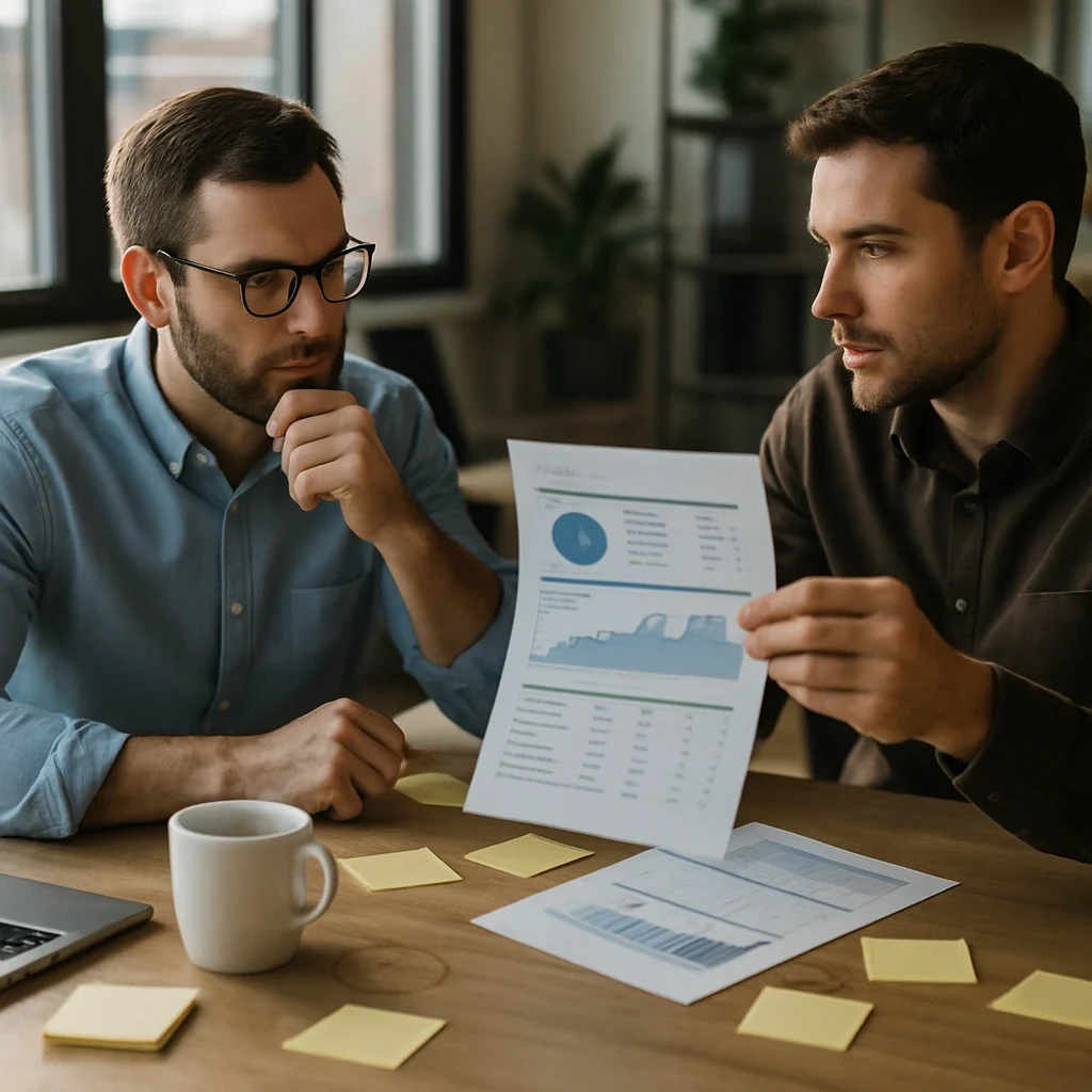 Colleagues discussing web hosting report