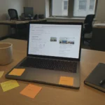 Cluttered desk with laptop and notes