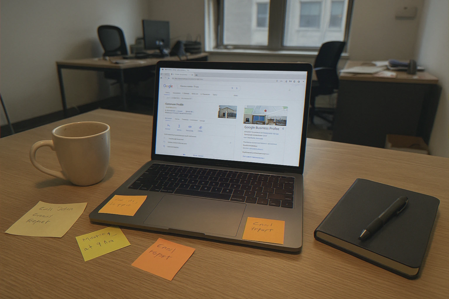 Cluttered desk with laptop and notes
