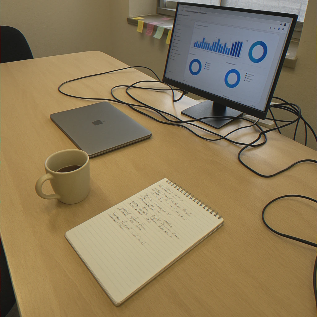 Empty workspace with closed laptop