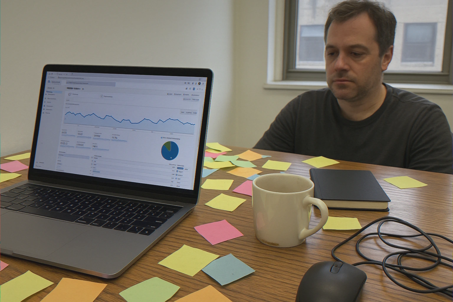 Cluttered desk with laptop and sticky notes