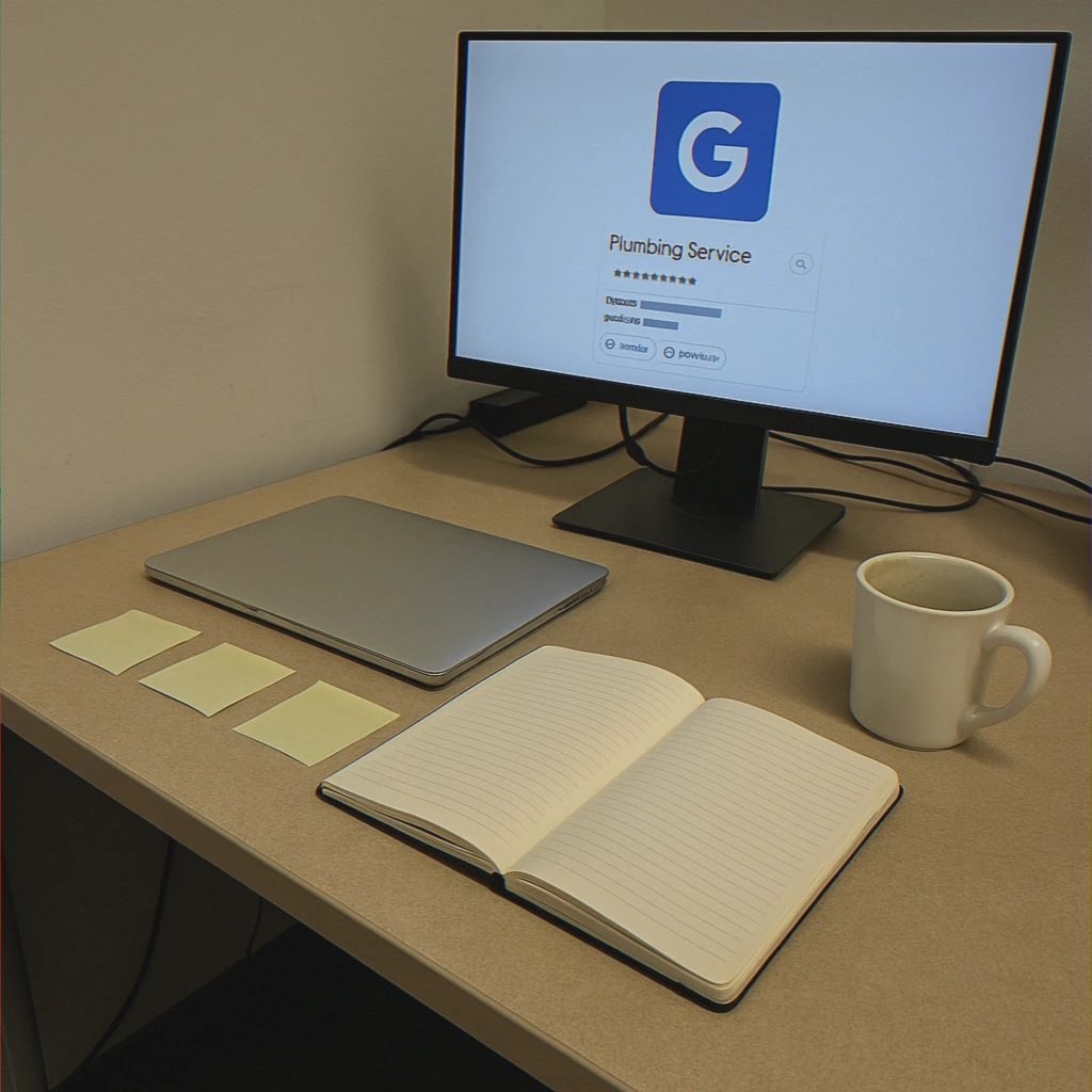 Empty desk with finished work display