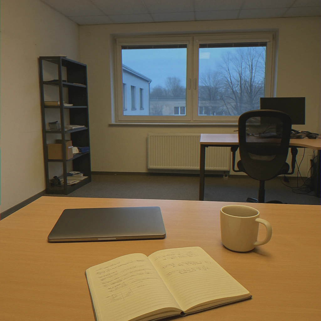 Empty office with closed laptop and mug