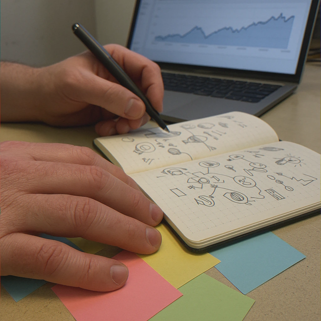 Hands over sticky notes and notebook