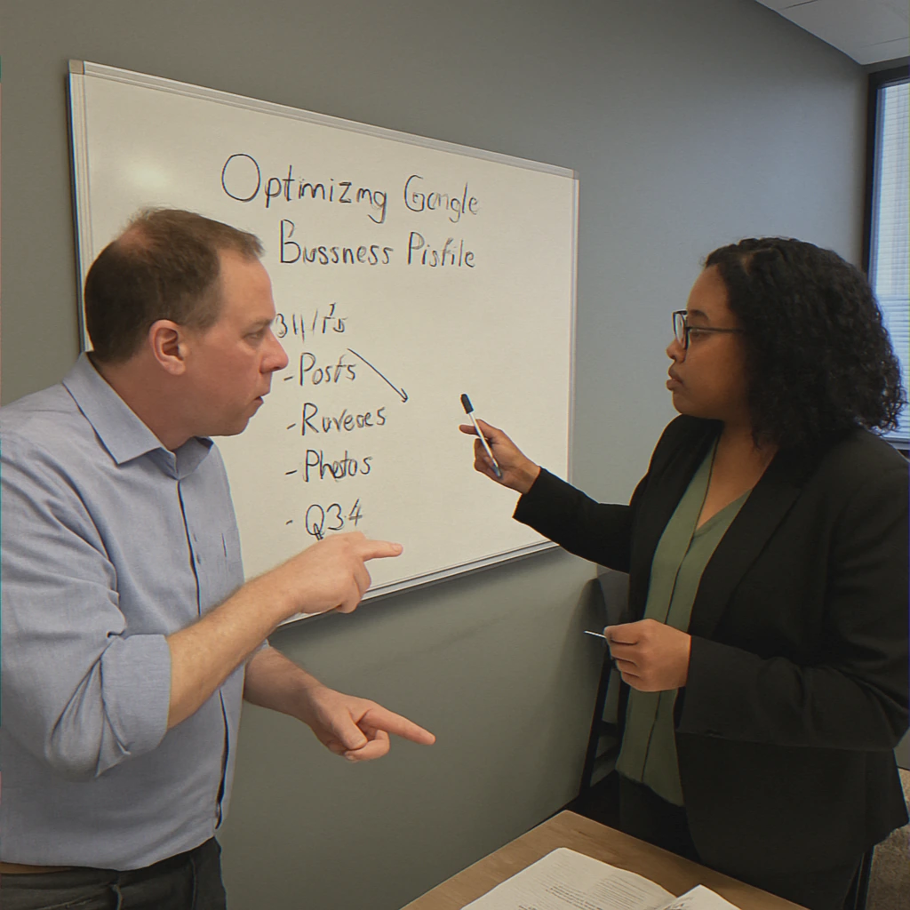 Two people discussing business profile strategies