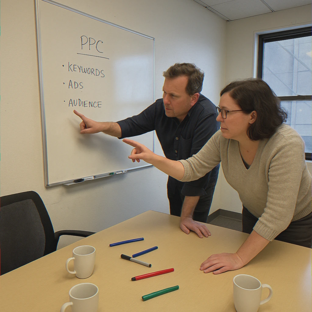Two professionals discussing PPC strategies