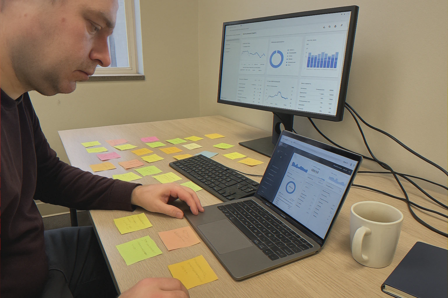 Wide desk with laptops and sticky notes