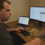 Wide shot of an office workspace setup