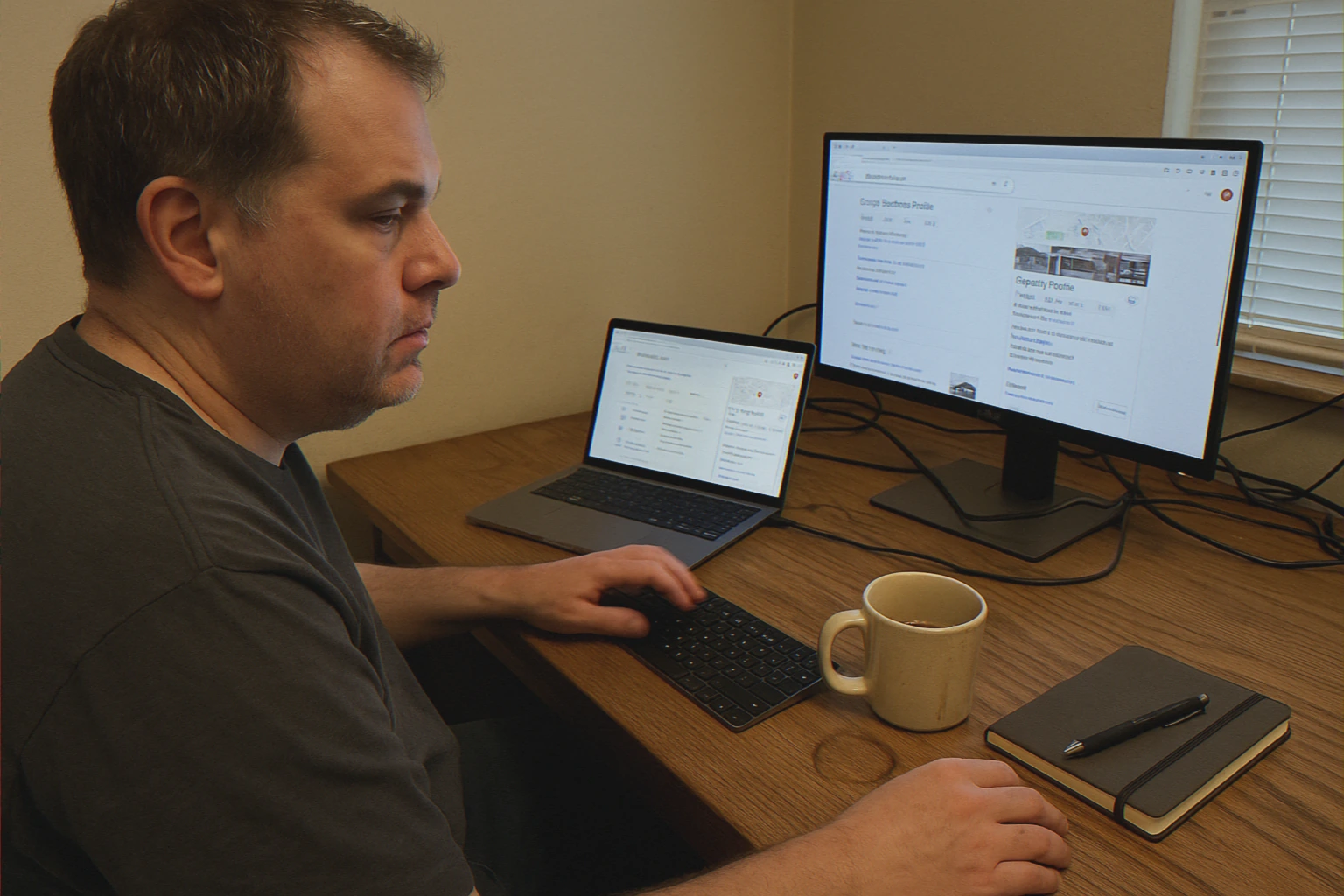 Wide shot of an office workspace setup