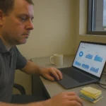 Workspace with laptop and sticky notes