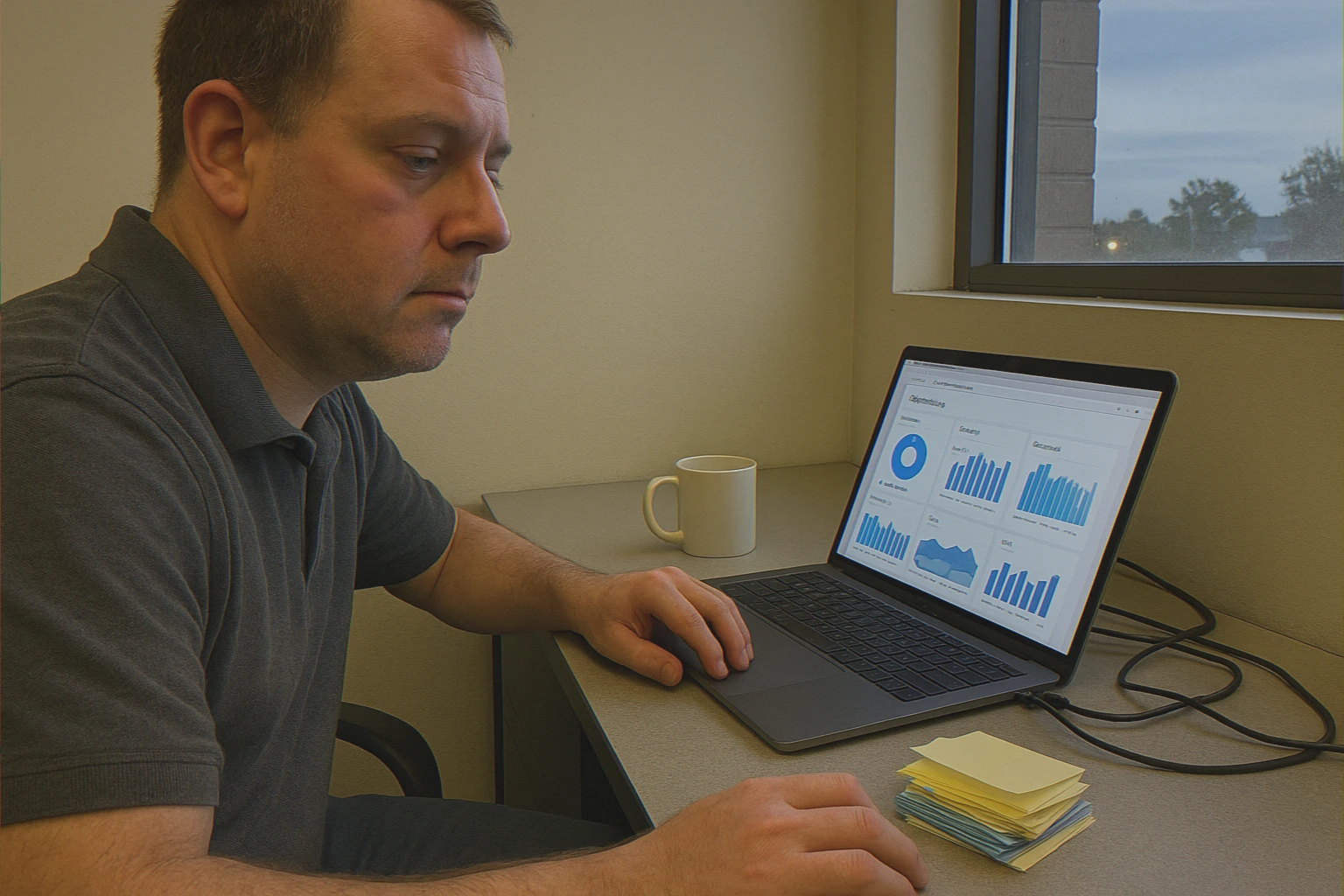 Workspace with laptop and sticky notes