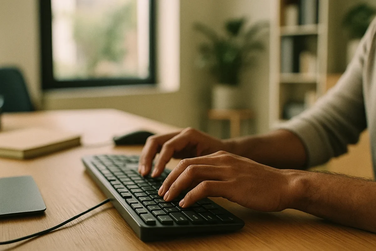 Hands typing on a keyboard during work