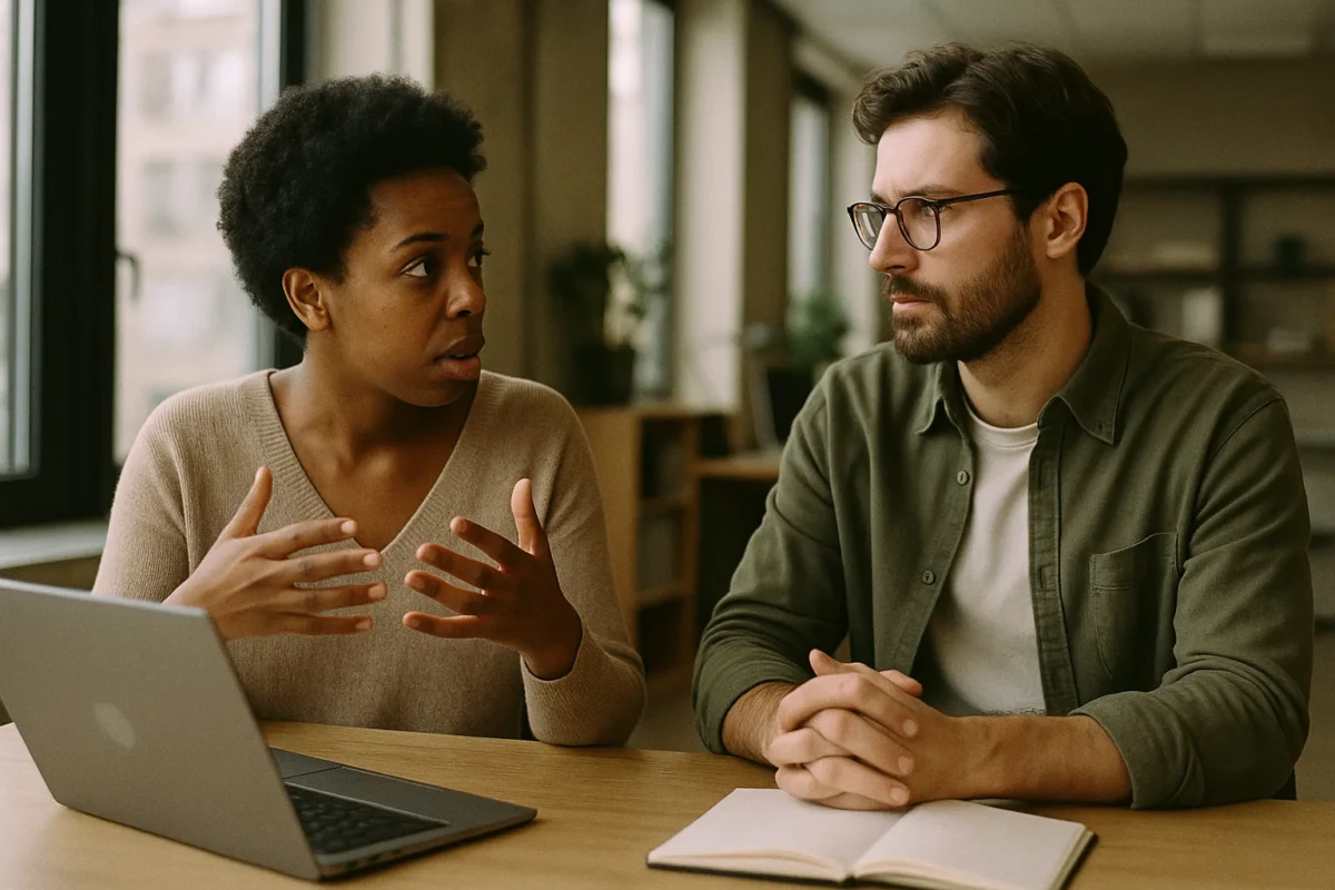 Two professionals discussing link building strategies