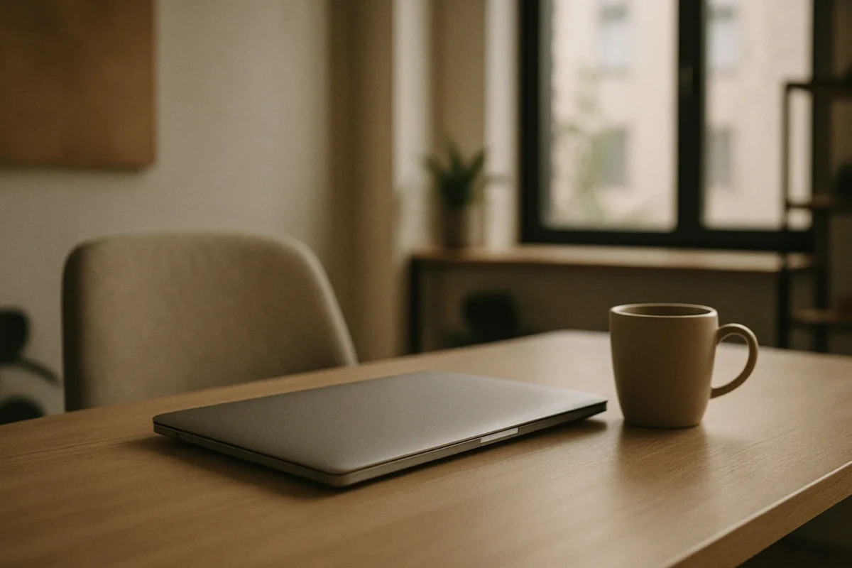 Finished workspace with closed laptop and mug